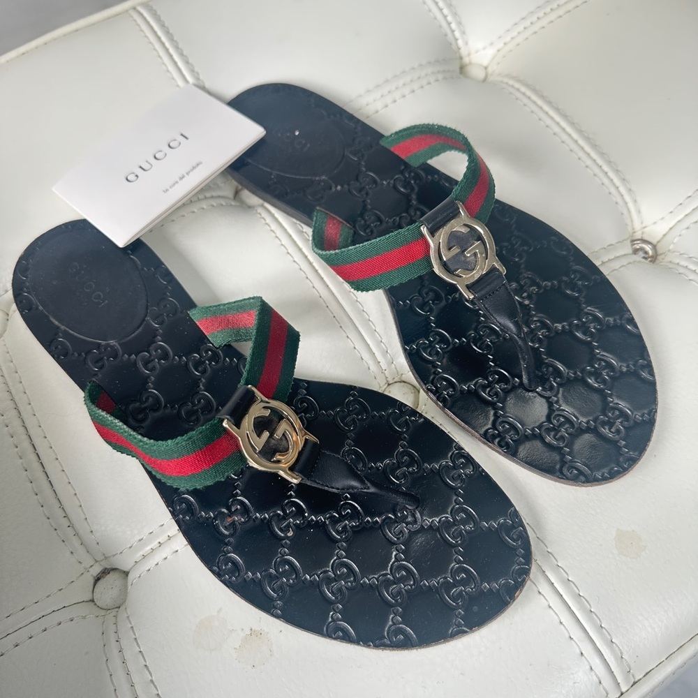 Gucci Black Flip-Flops with Red and Green Accents